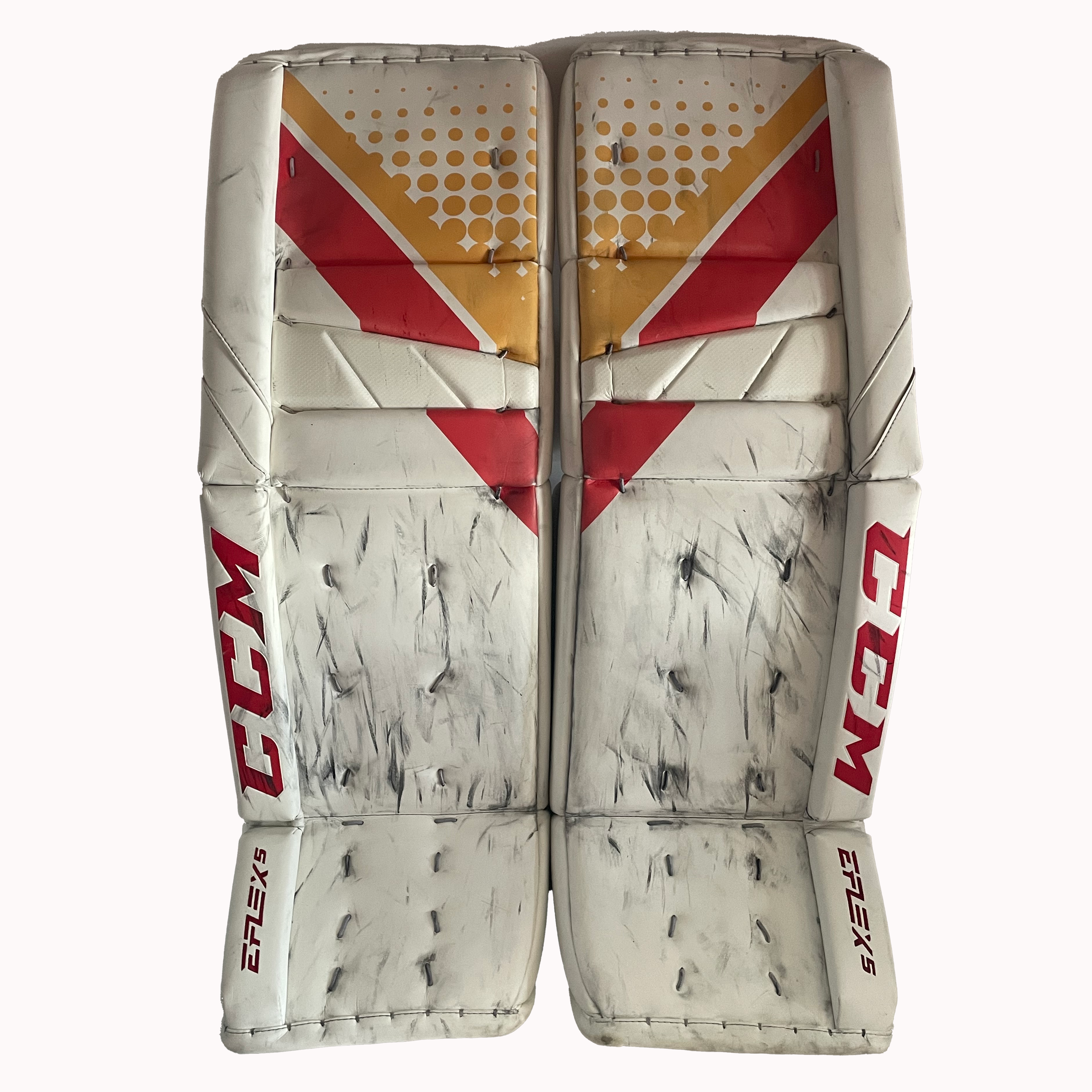 CCM Extreme Flex 5 - Ensemble complet de gardien de but AHL Pro Stock d'occasion (rouge/blanc/jaune)